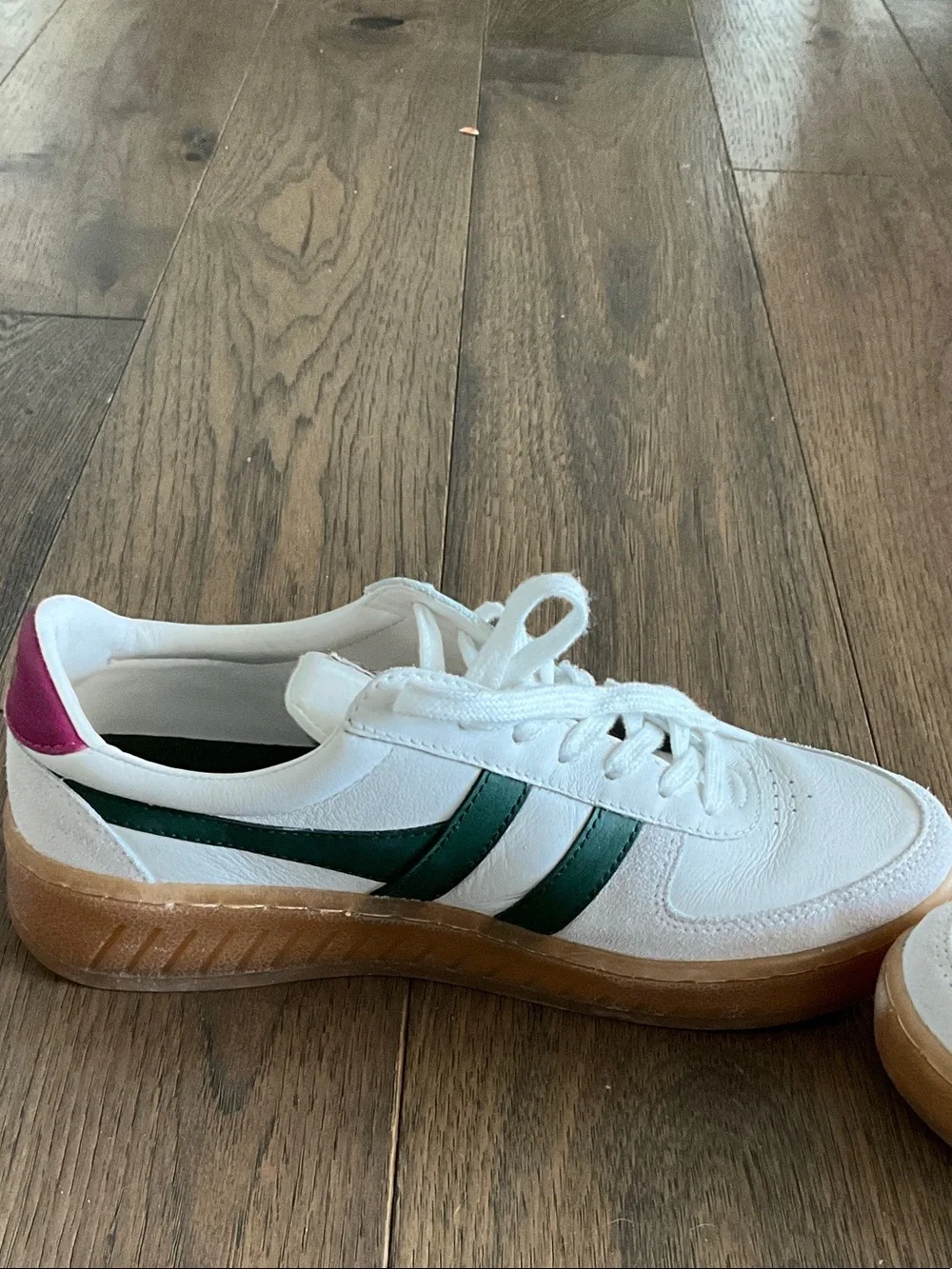 Gola White Leather Sneakers with Green Side Stripes and Pink Heel
